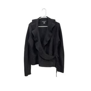 SARAH SPENCER Black Wool Blend Ruffle Front Cardigan Wrap Sweater Women's Large